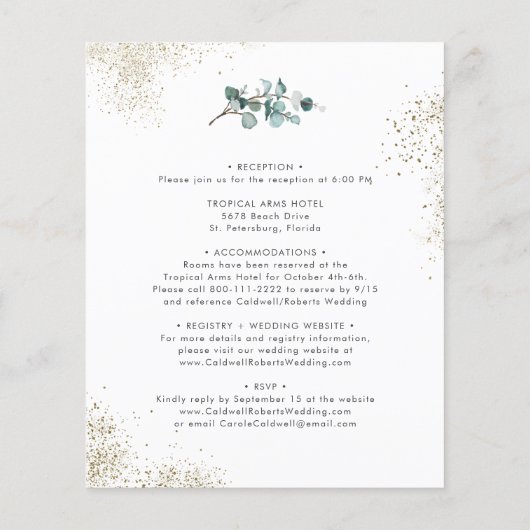 Budget All-in-One Eucalyptus Gold Wedding Invite (Achterkant)