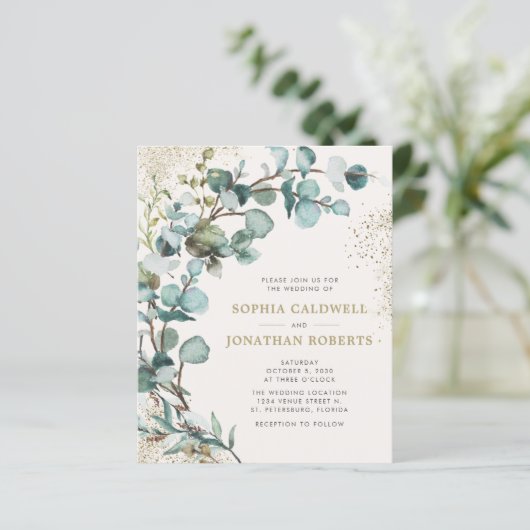 Budget All-in-One Eucalyptus Gold Wedding Invite (Staand voorkant)
