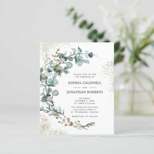 Budget All in One Eucalyptus Gouden Trouw Uitnodig (Staand voorkant)