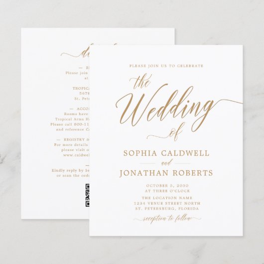 Budget All in One Gold Calligraphy Wedding Invite (Voorkant / Achterkant)
