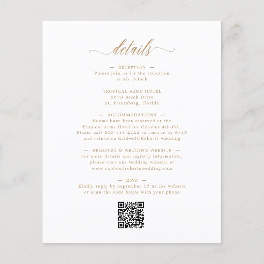 Budget All in One Gold Calligraphy Wedding Invite (Achterkant)