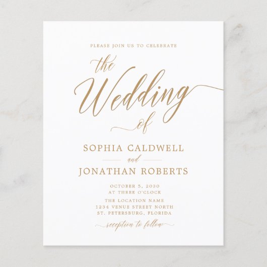 Budget All in One Gold Calligraphy Wedding Invite (Voorkant)