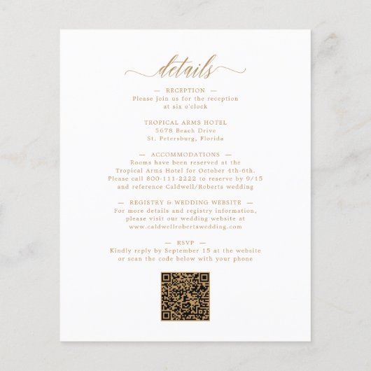Budget All in One Gold Calligraphy Wedding Invite (Achterkant)