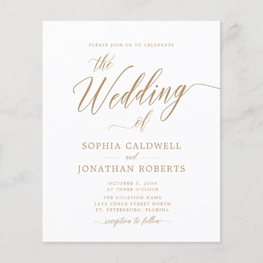 Budget All in One Gold Calligraphy Wedding Invite (Voorkant)