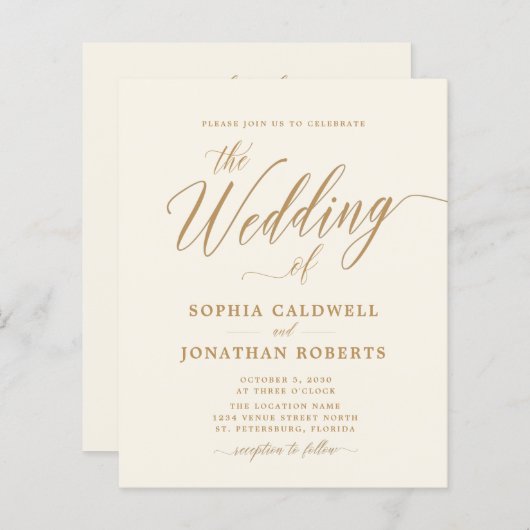 Budget All in One Gold Calligraphy Wedding Invite (Voorkant / Achterkant)