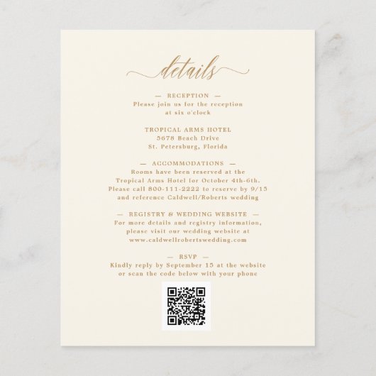 Budget All in One Gold Calligraphy Wedding Invite (Achterkant)