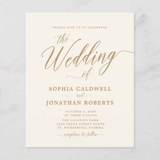 Budget All in One Gold Calligraphy Wedding Invite (Voorkant)