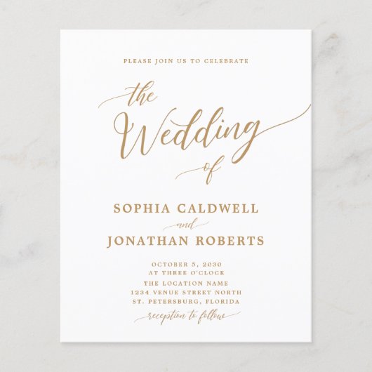 Budget All in One Gold Calligraphy Wedding Invite (Voorkant)
