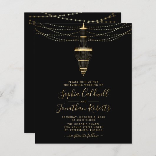 Budget All-in-One Gold Chandelier Wedding Invite (Voorkant / Achterkant)