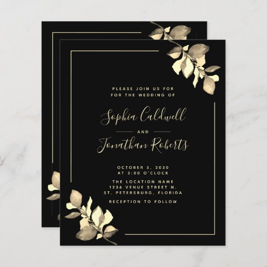 Budget All-in-One Gold Eucalyptus Wedding Invite (Voorkant / Achterkant)
