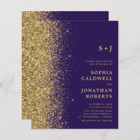 Budget All-in-One Gold Glitter Wedding Invitation (Voorkant / Achterkant)