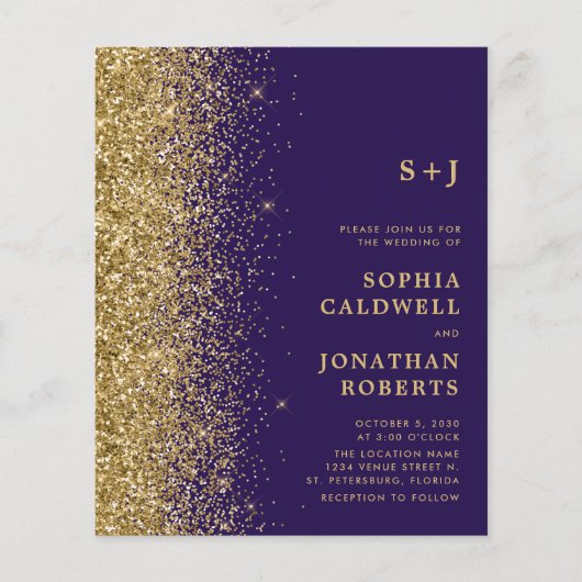 Budget All-in-One Gold Glitter Wedding Invitation (Voorkant)