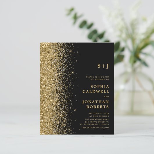 Budget All-in-One Gold Glitter Wedding Invitation (Staand voorkant)