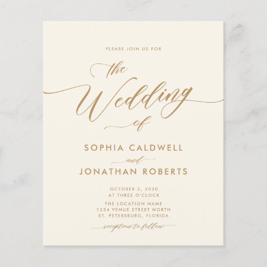 Budget All in One Goud Kalligrafie Huwelijksuitnod (Voorkant)