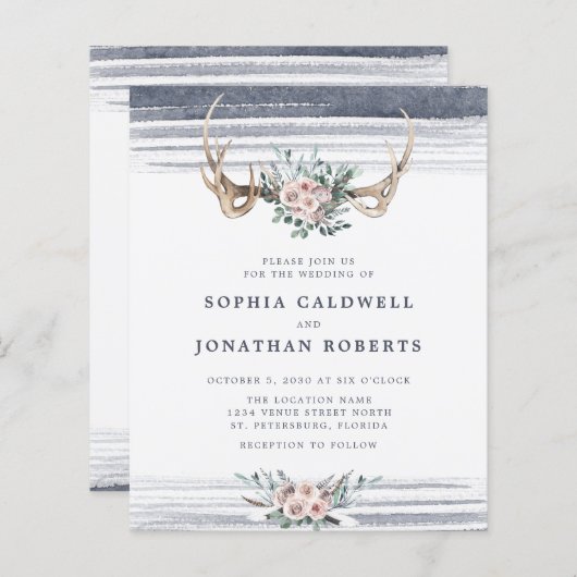 Budget All in One Rozen and Antlers Wedding Invite (Voorkant / Achterkant)