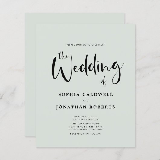 Budget All in One Sage Calligraphy Wedding Invite (Voorkant / Achterkant)