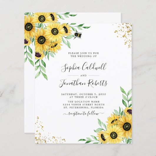 Budget All in One Sunflower bee Wedding Invite (Voorkant / Achterkant)