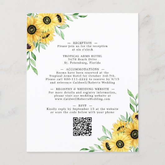 Budget All in One Sunflower bee Wedding Invite (Achterkant)