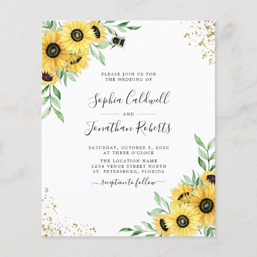 Budget All in One Sunflower bee Wedding Invite (Voorkant)