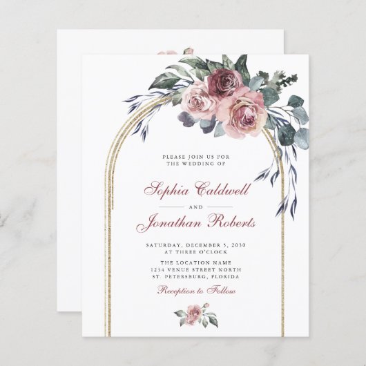 Budget All in One Winter Rozen Gold Wedding Invite (Voorkant / Achterkant)