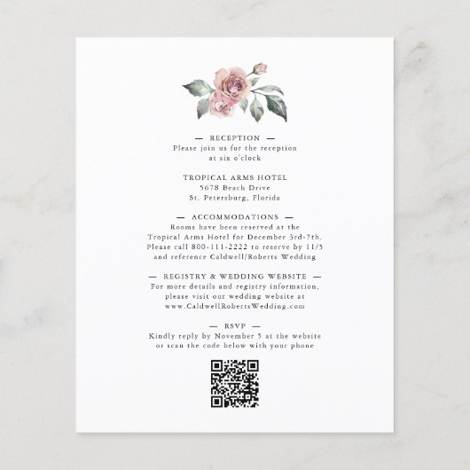 Budget All in One Winter Rozen Gold Wedding Invite (Achterkant)