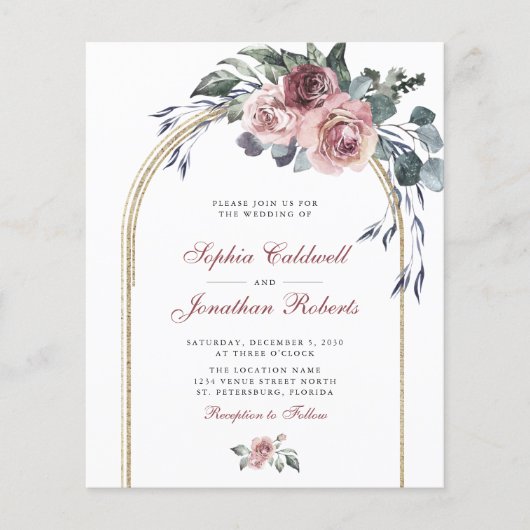 Budget All in One Winter Rozen Gold Wedding Invite (Voorkant)