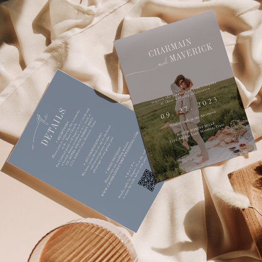 Budget alles in één + QR code Dusty Blue Wedding Kaart