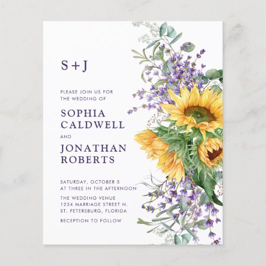 Budget Alles in Een Zonnebloem Lavendel Huwelijk Flyer (Voorkant)