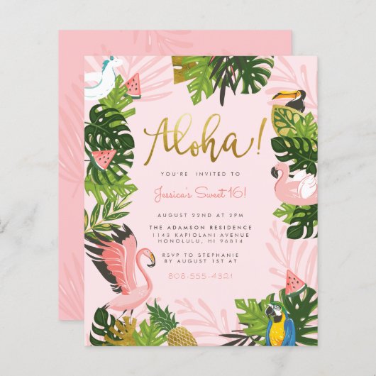 Budget Aloha Hawaii Tropical Gold Birthday Party (Voorkant / Achterkant)