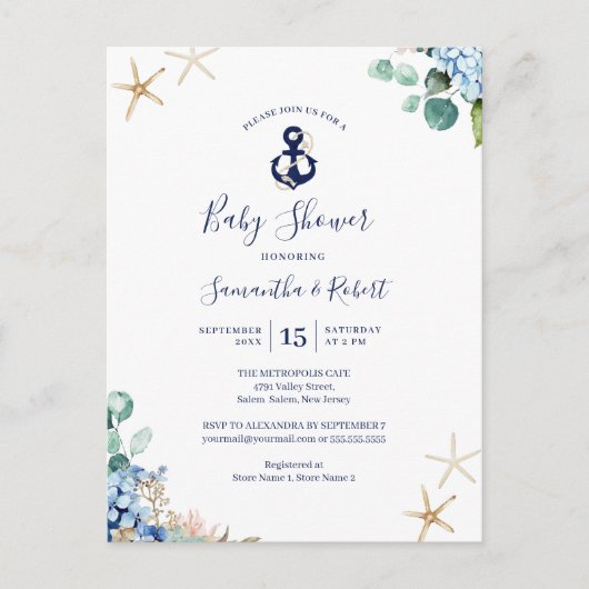 Budget Anchor Blue Nautical Floral Baby shower Uitnodiging Briefkaart (Voorkant)