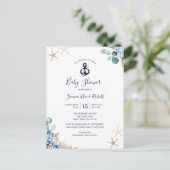 Budget Anchor Blue Nautical Floral Baby shower Uitnodiging Briefkaart (Staand voorkant)