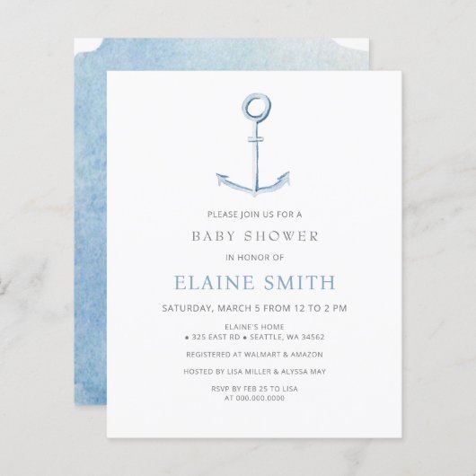 Budget Anchor Nautical Blue Baby shower Uitnodigin (Voorkant / Achterkant)