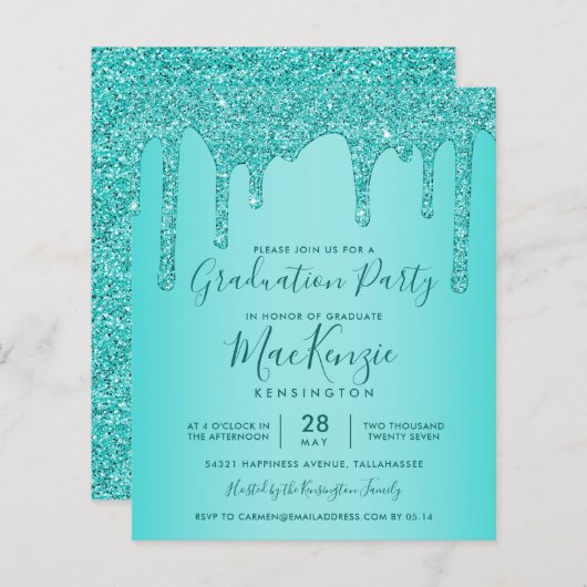 BUDGET Aqua Blauwgroen Glitter Drift Graduparty (Voorkant / Achterkant)