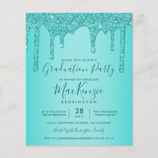 BUDGET Aqua Blauwgroen Glitter Drift Graduparty (Voorkant)