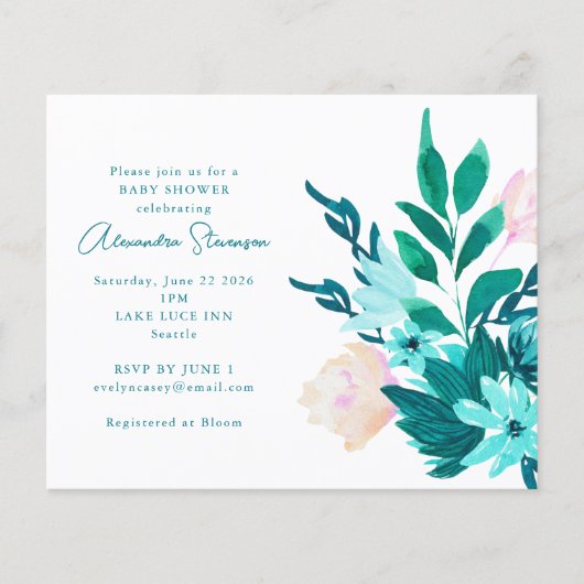 Budget Aqua Blue Floral Baby shower Invitation (Voorkant)