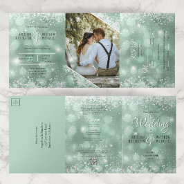 Budget Aqua Glitter Foto All-in-One Trouwfeest Drieluik Uitnodiging
