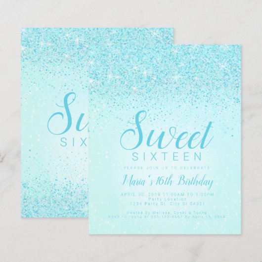 Budget Aqua Glitter, weet 16 Uitnodigingen (Voorkant / Achterkant)