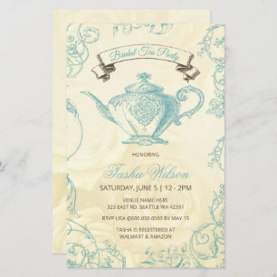 Budget Aqua Ivory  Bridal Tea Uitnodiging