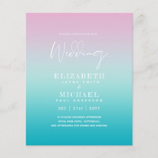 BUDGET Aqua Pink Weddenschap Oceaanstrand uitnodig (Voorkant)