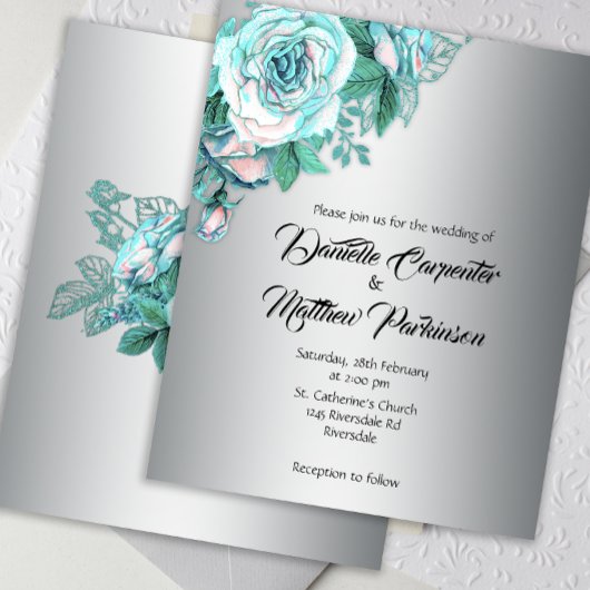 Budget Aqua Rozen op Elegant Silver Wedding Invite Flyer