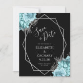 Budget Aqua Silver Floral Black Save the Date (Voorkant)