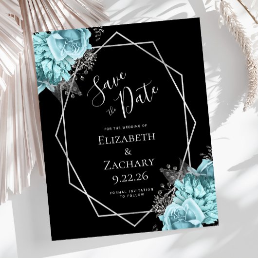 Budget Aqua Silver Floral Black Save the Date