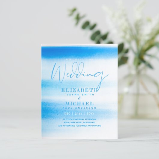 BUDGET Aqua Watercolor Trouw Uitnodiging Oceaan St (Staand voorkant)