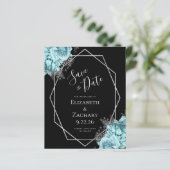 Budget Aqua Zilver Bloem Zwart Save the Date (Staand voorkant)