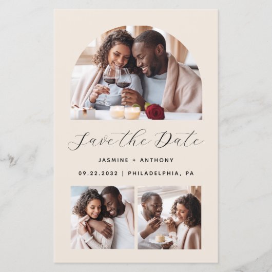Budget Arch 3-Foto Beige QR-code Save the Date (Voorkant)