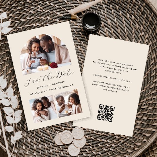 Budget Arch 3-Foto Beige QR-code Save the Date