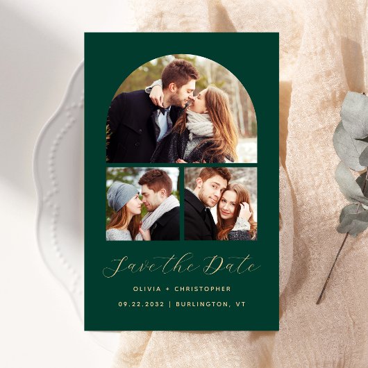 Budget Arch 3-Photo Collage Green Save the Date