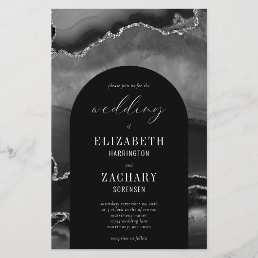 Budget Arch Black Silver Agate Wedding Uitnodiging (Voorkant)