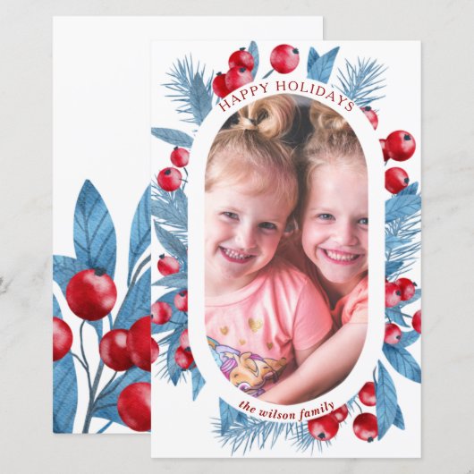Budget Arch Blue Holly Berries Photo Holiday Card (Voorkant / Achterkant)