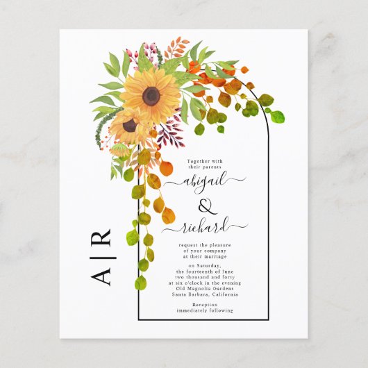 BUDGET Arch en sunflower fall bruiloft uitnodiging (Voorkant)